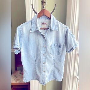 Vintage 90s Bill Blass Denim Button Down Shirt Short Sleeve True Waist Length Lg